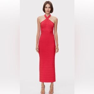 NWT Herve Leger ICON BANDAGE HALTER GOWN Large Rio Red